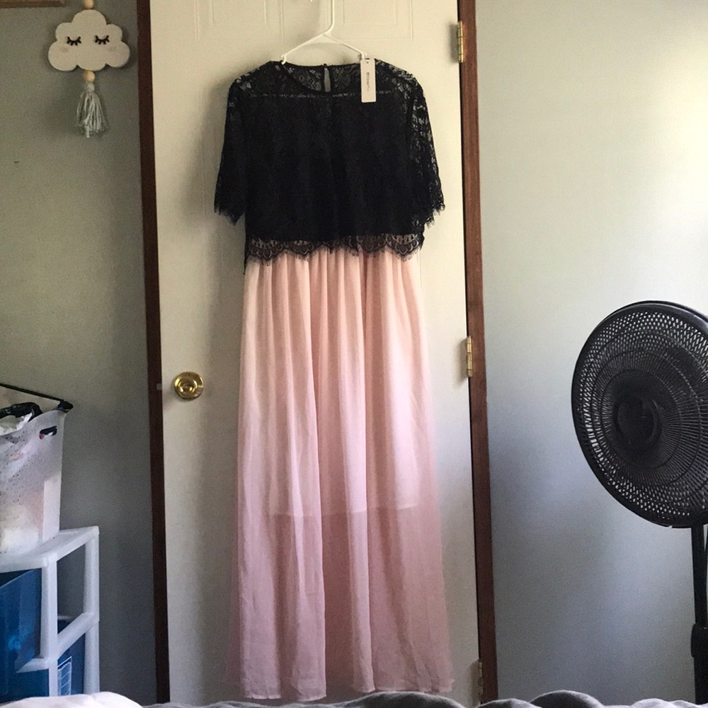Black and blush babydoll maxi with lace overlay